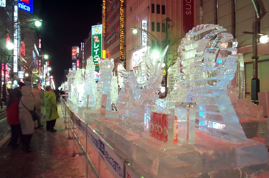 Ice sculptures lit up at night in Sapporo